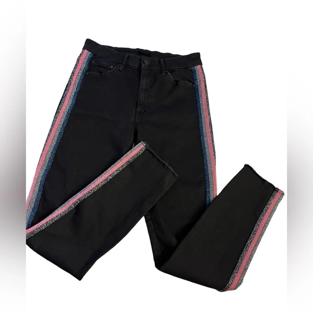 Mother High Waisted Looker Ankle Fray Guilty Glitter Racer Black Jeans